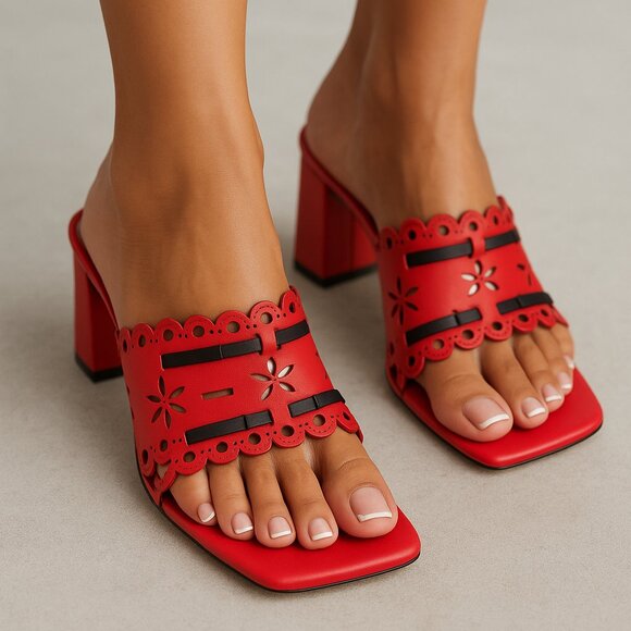 Carlkerida Shoes - Carlkerida Red Cutout Filigree Block Heel Sandals with Black Bows – Size 8.5 NIB